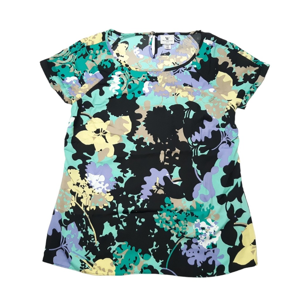 Worthington Blouse Womens Petite PM Purple Floral Short Sleeve Abstract Top‎